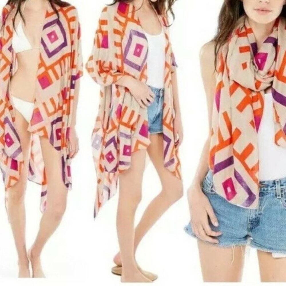 Michael Stars Ruana Convertible Scarf Sarong Shawl Geometric Print One Size